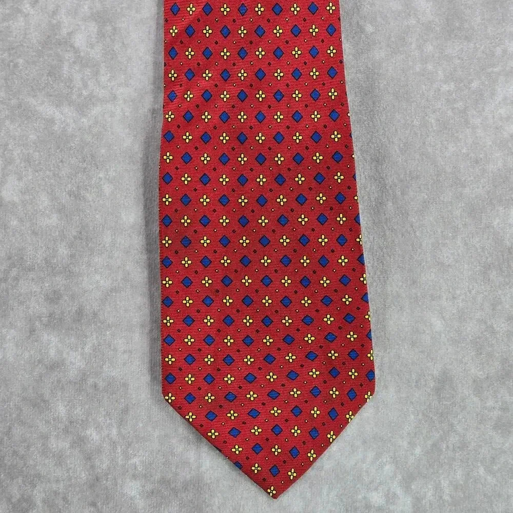 Christy Firenze Red Geometric Floral 100% Silk Italy Men's Neck Tie NWOT